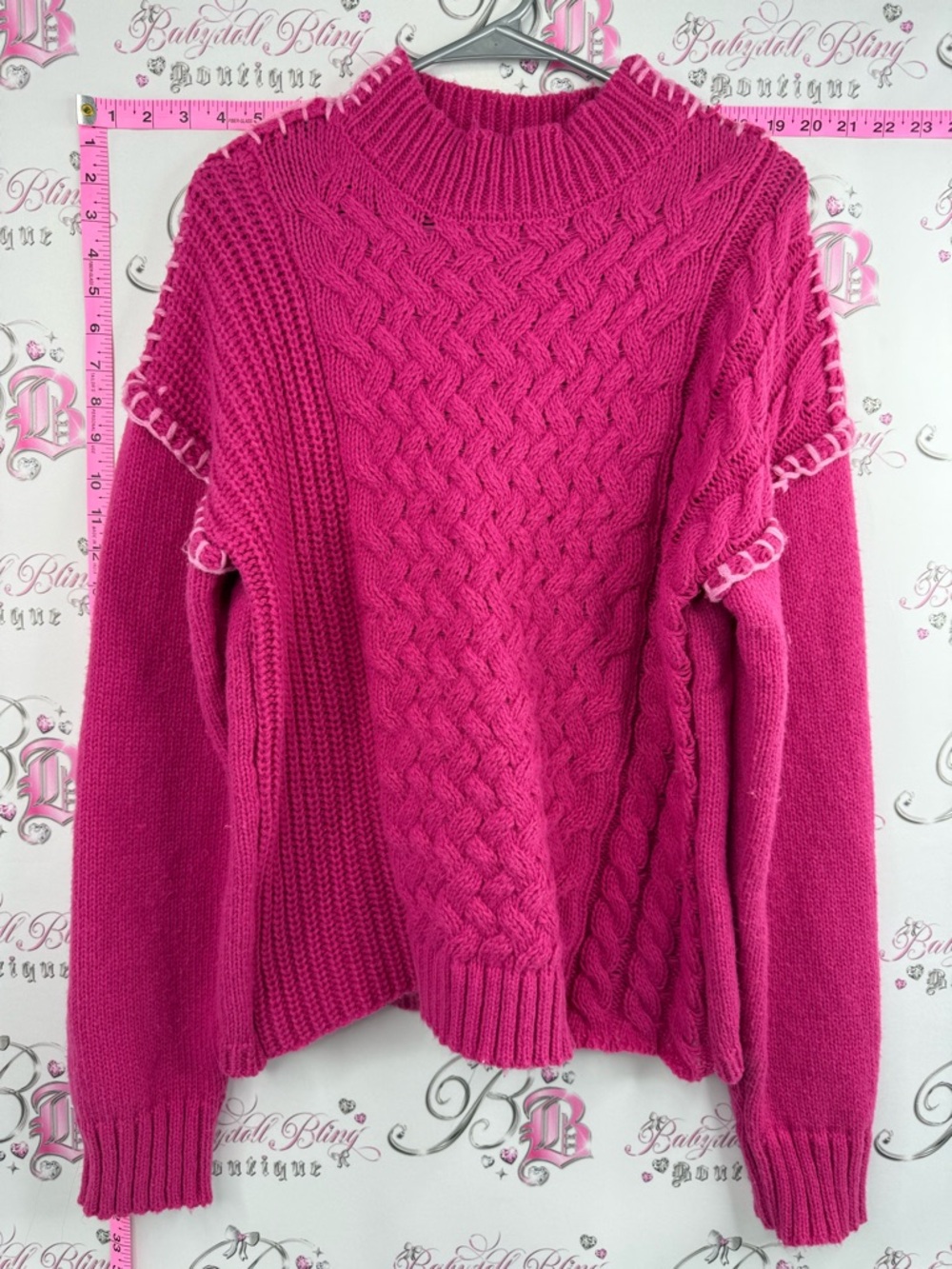 Love Riche sweater thick Cable Patchwork Turtleneck Sweater - Hot Pink